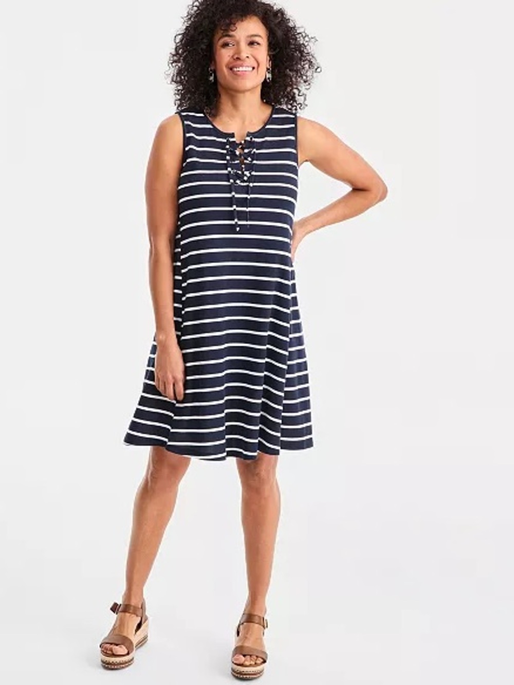 Style & Co Lace-Up Sleeveless Blue White Stripe Dress Size XS